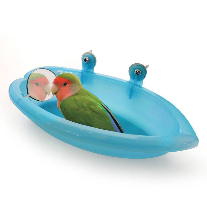 HKM-417747 Small Bird Bath Basin with Mirror, Ideal for Parrots and Finches - Blue/Fuchsia Options