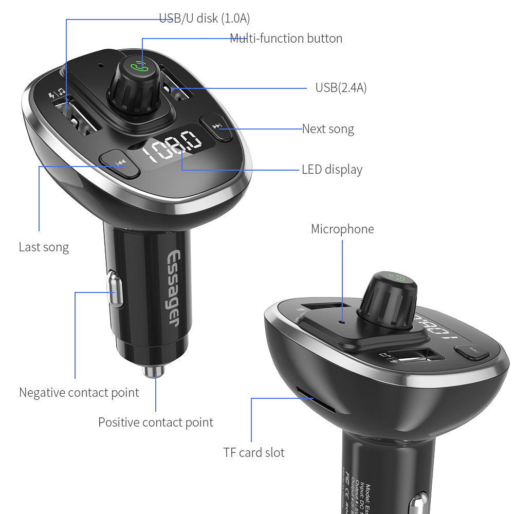 HKM-417939 Bluetooth Dual USB Car Charger with FM Transmitter and LED Indicator