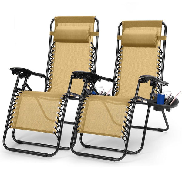 HKM-418067 Zero Gravity Lounge Chairs with Dual Side Tray and Stress Relief Pillow - Foldable, Max Load 330lbs, Set of 2 for Patio, Poolside, Beach