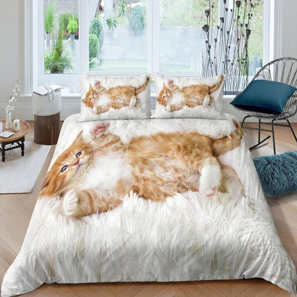 HKM-418195 Pet Cat Pattern Three-Piece Bedding Set - Quilt Cover Available in Multiple Sizes