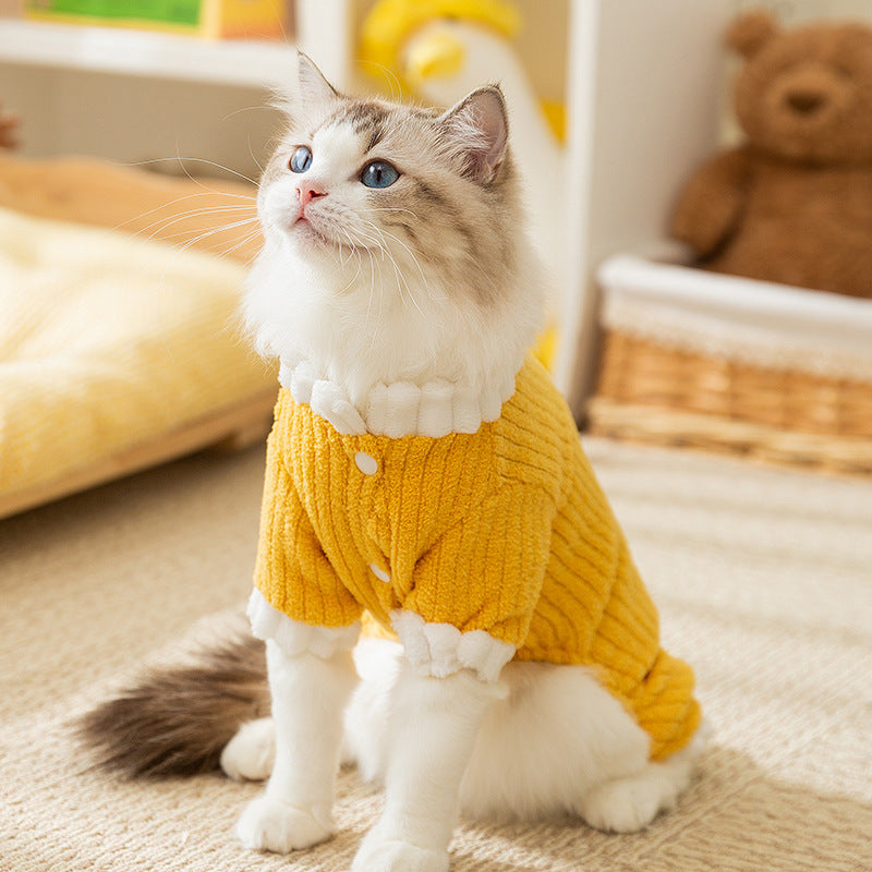 HKM-4182589 Cozy Yellow Ribbed Jumpsuit with Ruffled Cuffs for Small Dogs and Hairless Cats