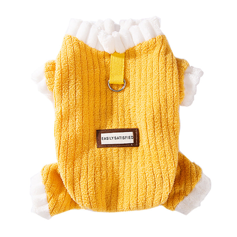 HKM-4182589 Cozy Yellow Ribbed Jumpsuit with Ruffled Cuffs for Small Dogs and Hairless Cats