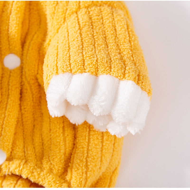 HKM-4182589 Cozy Yellow Ribbed Jumpsuit with Ruffled Cuffs for Small Dogs and Hairless Cats