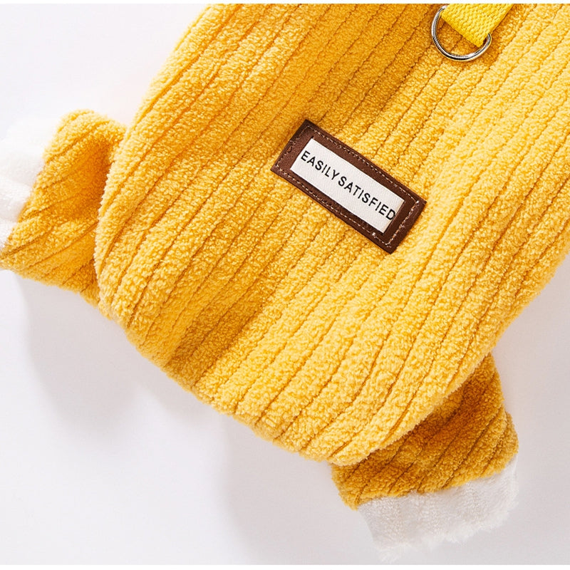 HKM-4182589 Cozy Yellow Ribbed Jumpsuit with Ruffled Cuffs for Small Dogs and Hairless Cats