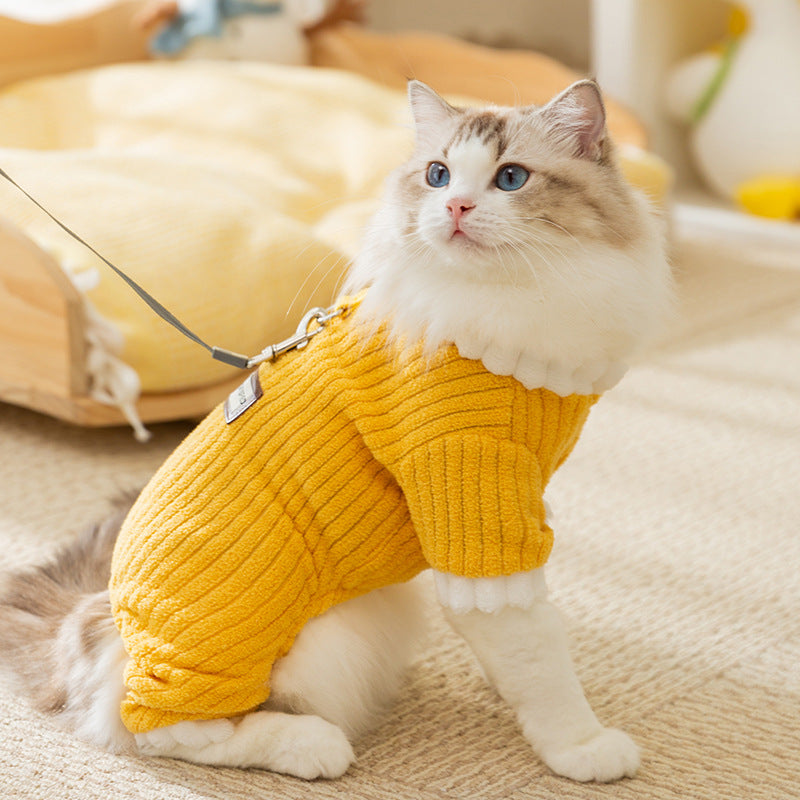 HKM-4182589 Cozy Yellow Ribbed Jumpsuit with Ruffled Cuffs for Small Dogs and Hairless Cats