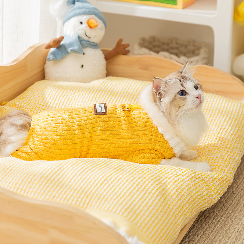HKM-4182589 Cozy Yellow Ribbed Jumpsuit with Ruffled Cuffs for Small Dogs and Hairless Cats