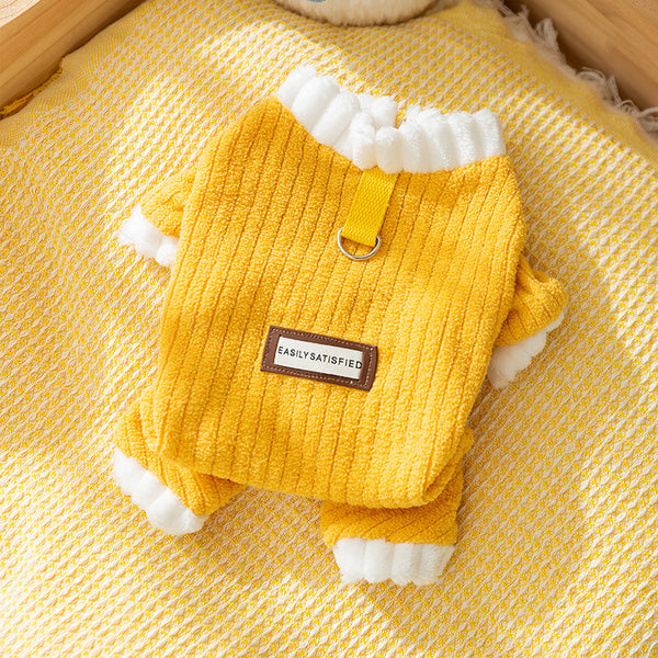 HKM-4182589 Cozy Yellow Ribbed Jumpsuit with Ruffled Cuffs for Small Dogs and Hairless Cats