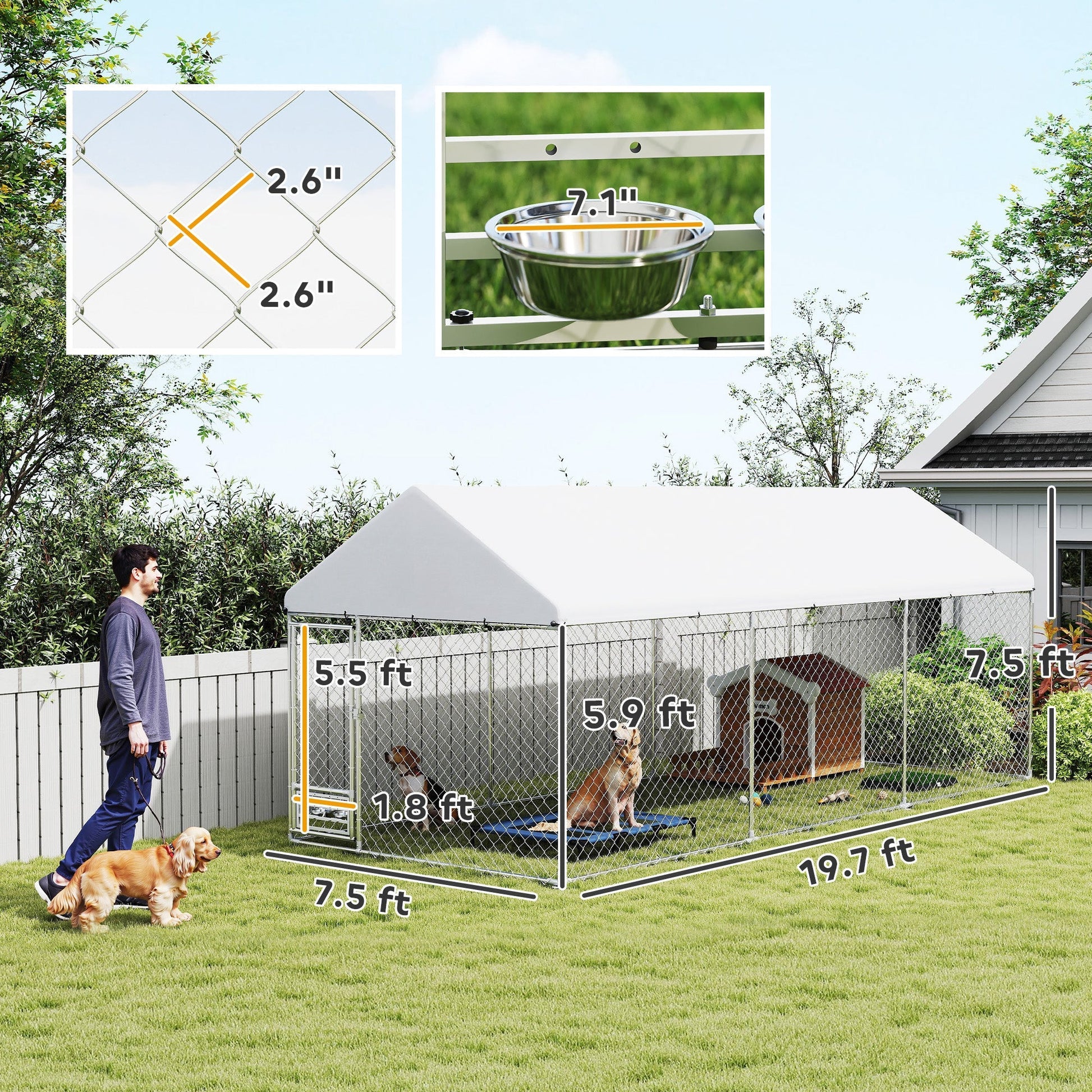 HKM-4187453 Spacious Outdoor Dog Kennel with Adjustable Bowl Rack and UV-Resistant Roof, 19.7' x 7.5' x 7.5'