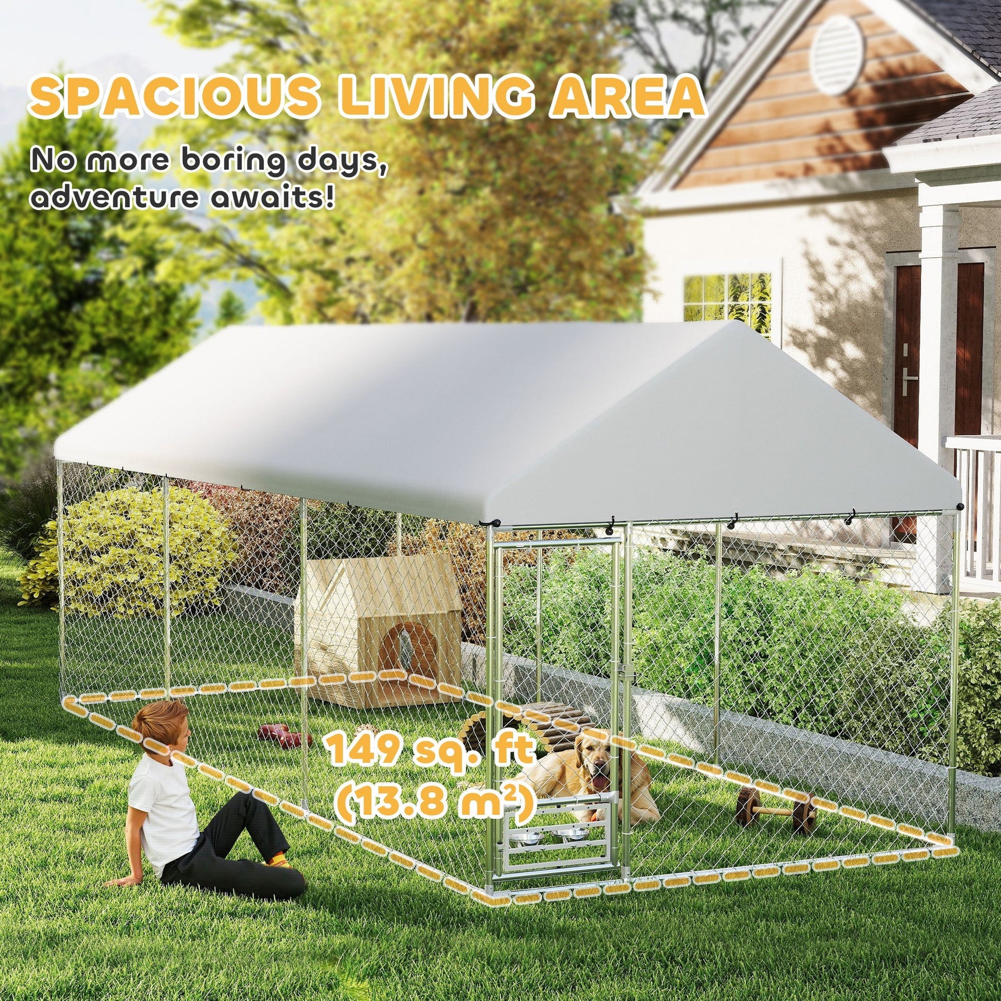 HKM-4187453 Spacious Outdoor Dog Kennel with Adjustable Bowl Rack and UV-Resistant Roof, 19.7' x 7.5' x 7.5'