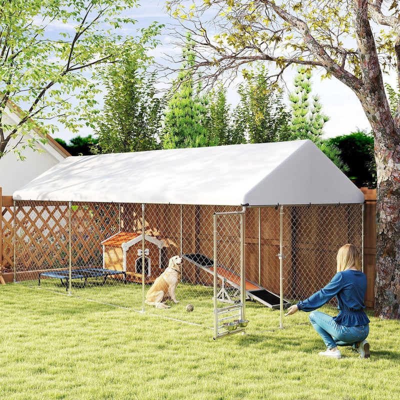 HKM-4187453 Spacious Outdoor Dog Kennel with Adjustable Bowl Rack and UV-Resistant Roof, 19.7' x 7.5' x 7.5'