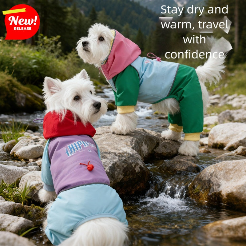 HKM-4188349 Waterproof 4-Leg Dog Jumpsuit with Hood for Outdoor Adventures