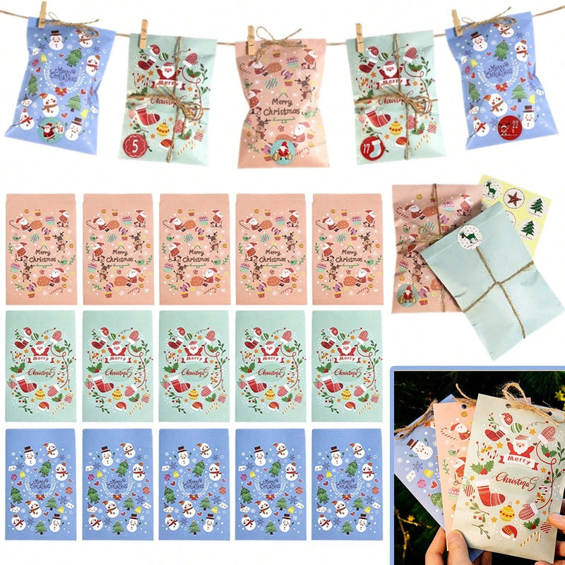HKM-418835 48-Piece Christmas Advent Calendar Gift Bag Set with Santa and Snowman Designs, Countdown Stickers 1-24, Includes Clips and Strings