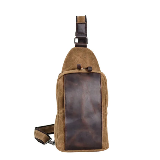 HKM-418899 Men's Waterproof Batik Canvas and Cowhide Crossbody Chest Bag for Outdoor Travel