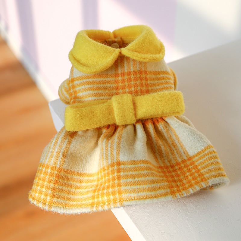 HKM-4190141 Warm Yellow Checked Doll Collar Woolen Dress for Dogs