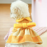 HKM-4190141 Warm Yellow Checked Doll Collar Woolen Dress for Dogs
