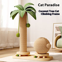 HKM-4190397 Durable Vertical Cat Climbing Frame with Coconut Tree Design and Wooden Balls