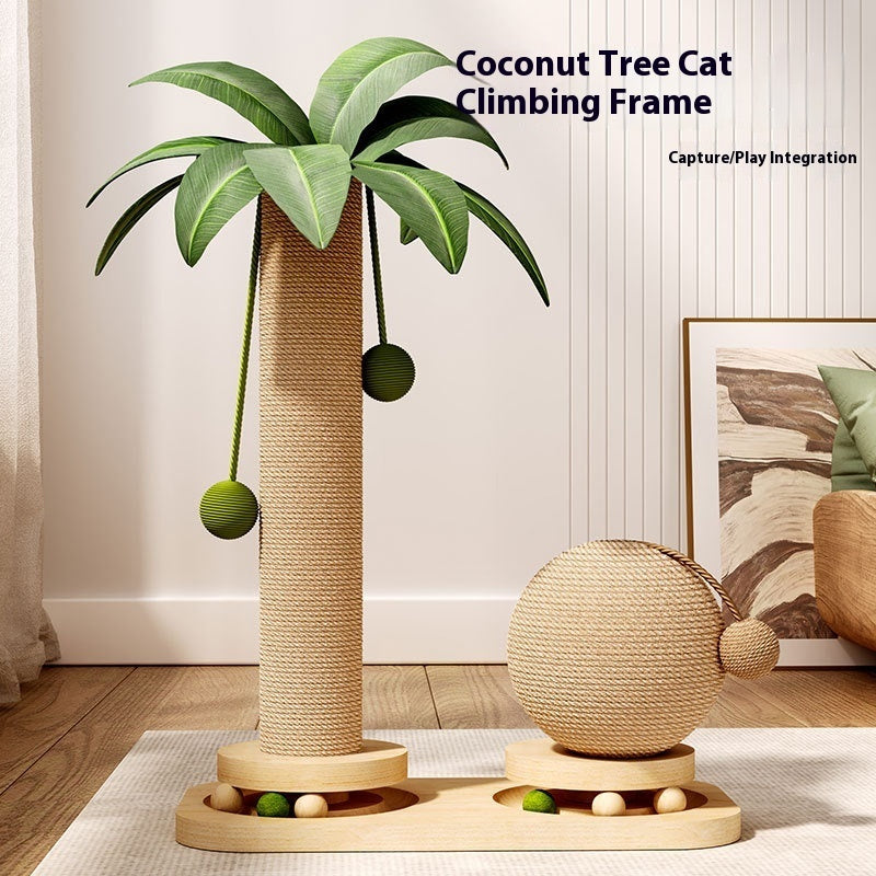 HKM-4190397 Durable Vertical Cat Climbing Frame with Coconut Tree Design and Wooden Balls