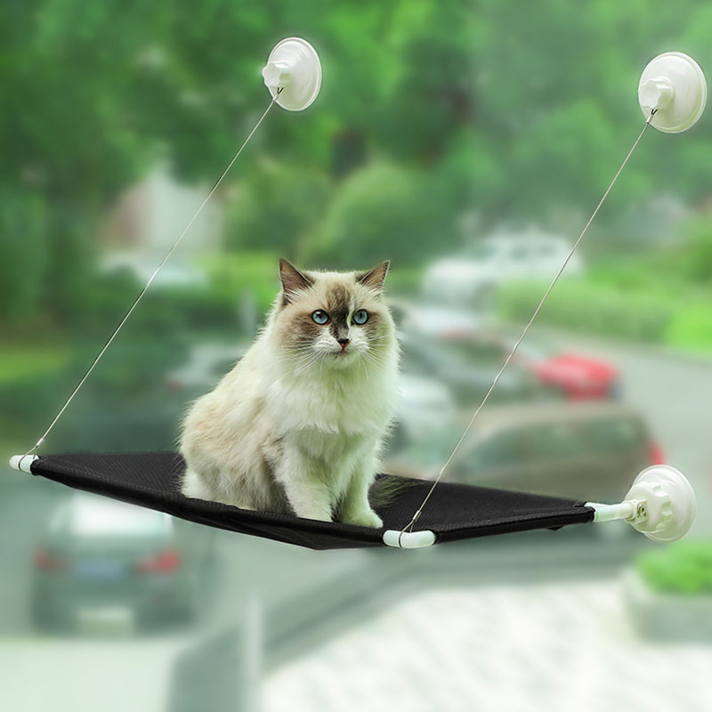 HKM-4191165 Foldable Black Suction Cup Cat Hammock for Balcony or Window Glass - Cozy Cat Nest Bed