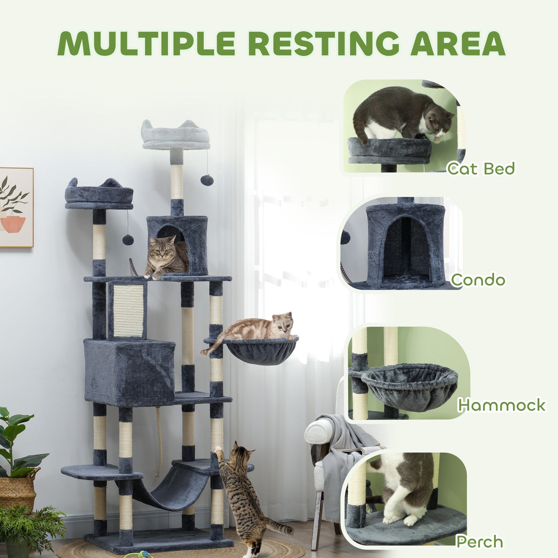 HKM-4192829 81" Cat Tree with Condos, Beds, Hammocks, and Scratching Posts in Gray