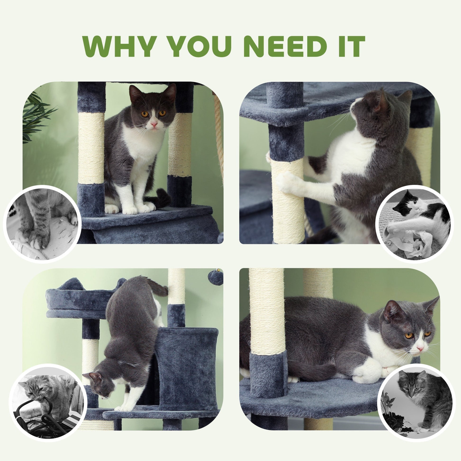 HKM-4192829 81" Cat Tree with Condos, Beds, Hammocks, and Scratching Posts in Gray