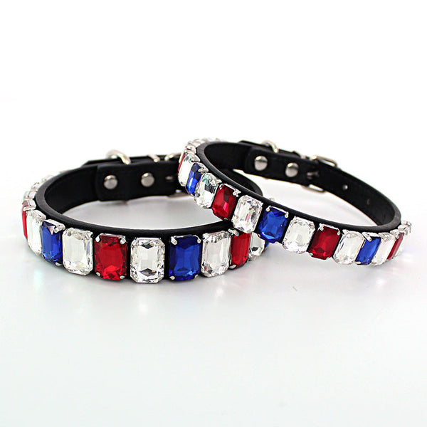 HKM-4197309 Solid Color PU Dog Collar in Red, Blue, and White - Multiple Sizes Available