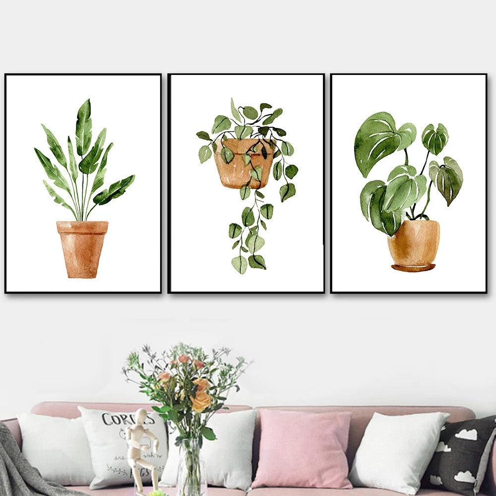 HKM-420179 Tropical Leaves Canvas Wall Art - Modern Green Plants Decoration