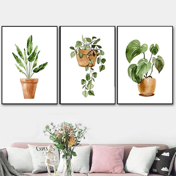 HKM-420179 Tropical Leaves Canvas Wall Art - Modern Green Plants Decoration