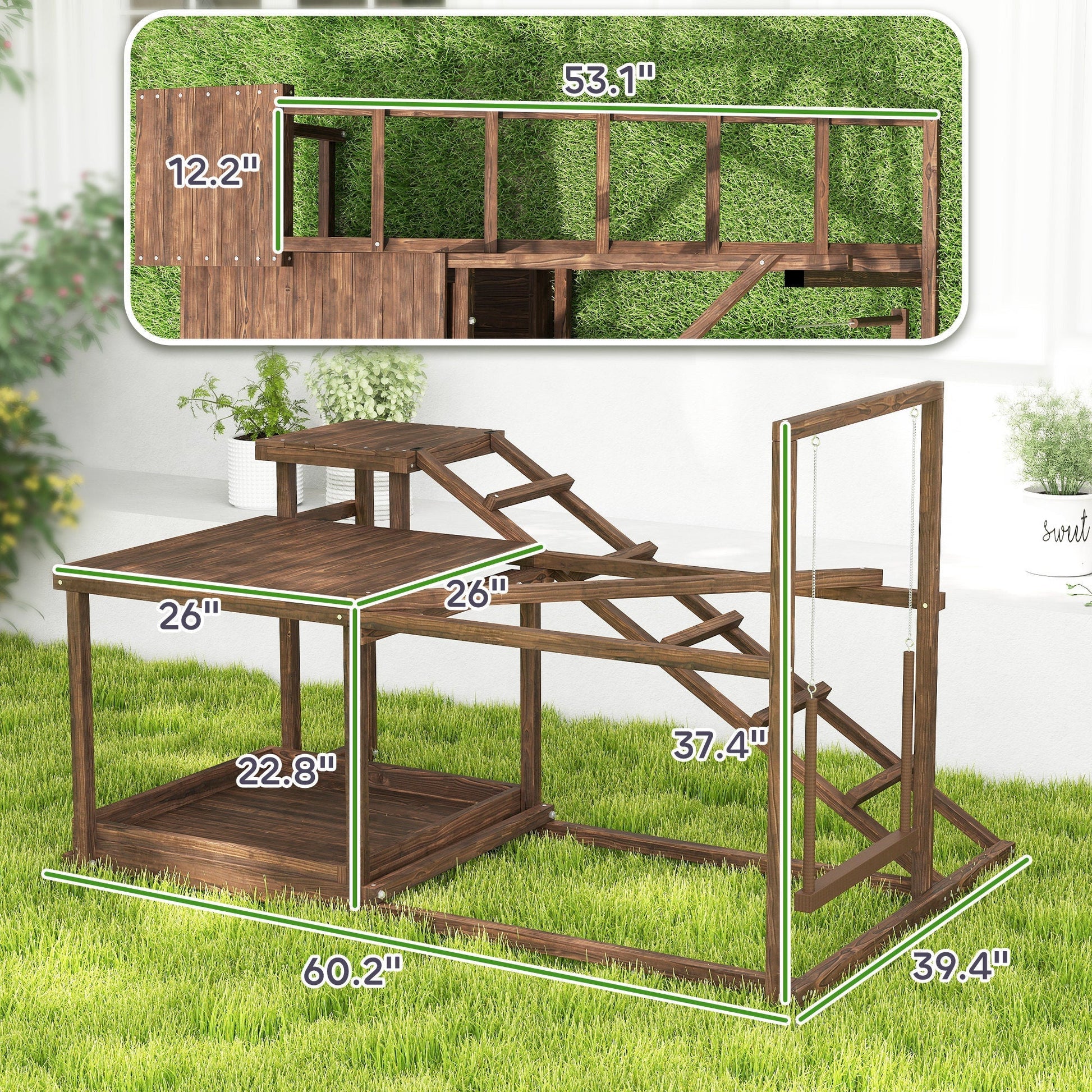 HKM-4202557 Wooden Chicken Activity Play Set with Perch, Swing, Ladder, and Platforms in Coffee Finish