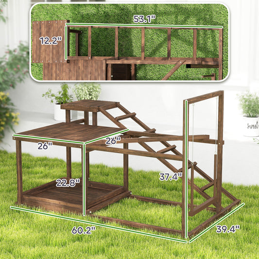 HKM-4202557 Wooden Chicken Activity Play Set with Perch, Swing, Ladder, and Platforms in Coffee Finish
