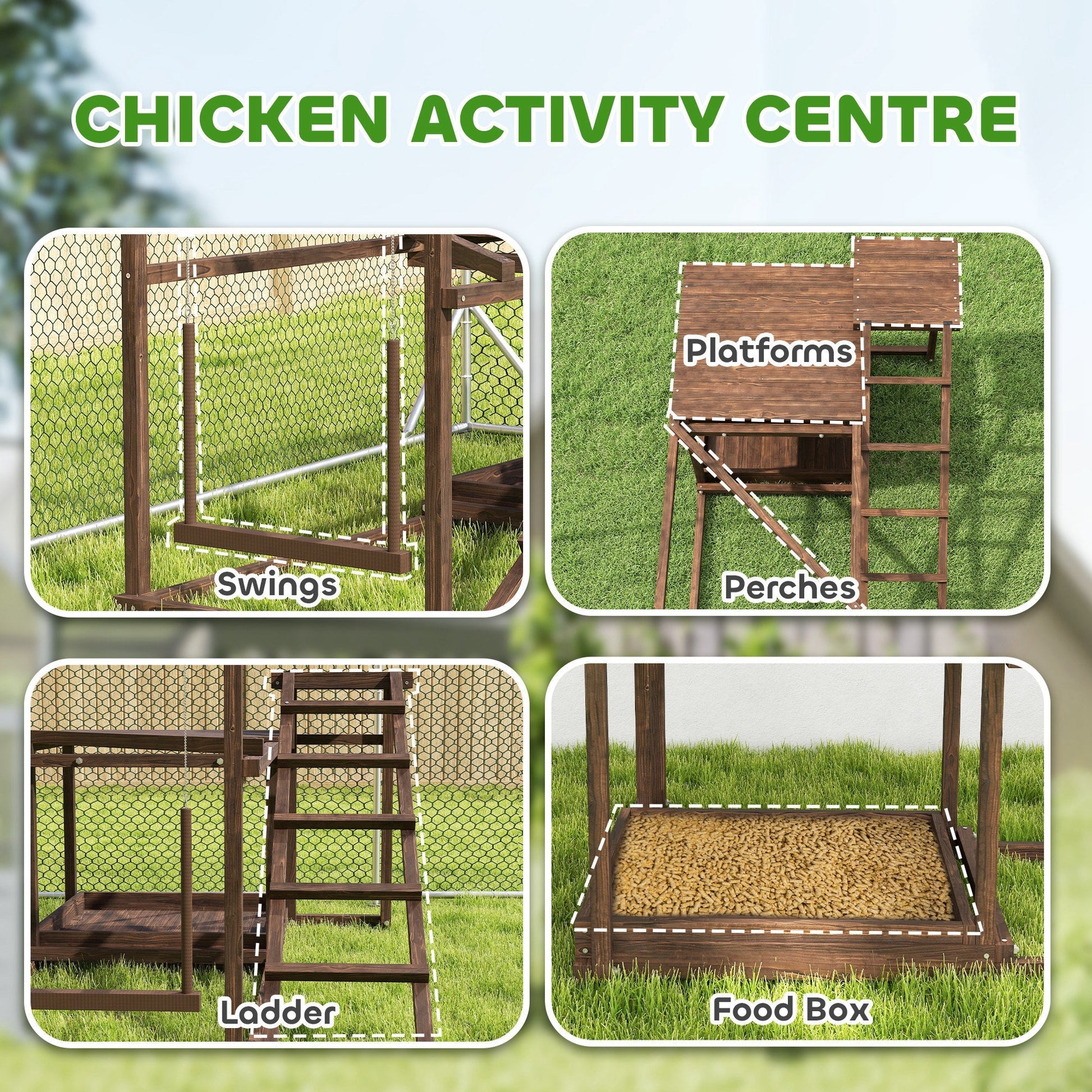 HKM-4202557 Wooden Chicken Activity Play Set with Perch, Swing, Ladder, and Platforms in Coffee Finish