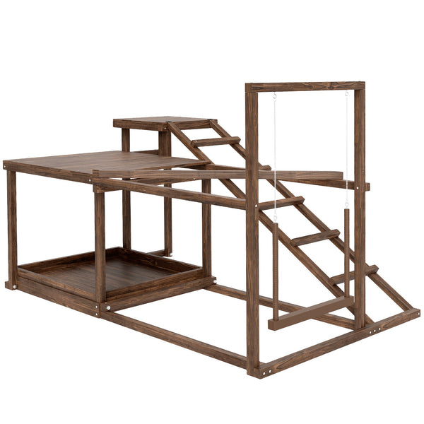 HKM-4202557 Wooden Chicken Activity Play Set with Perch, Swing, Ladder, and Platforms in Coffee Finish