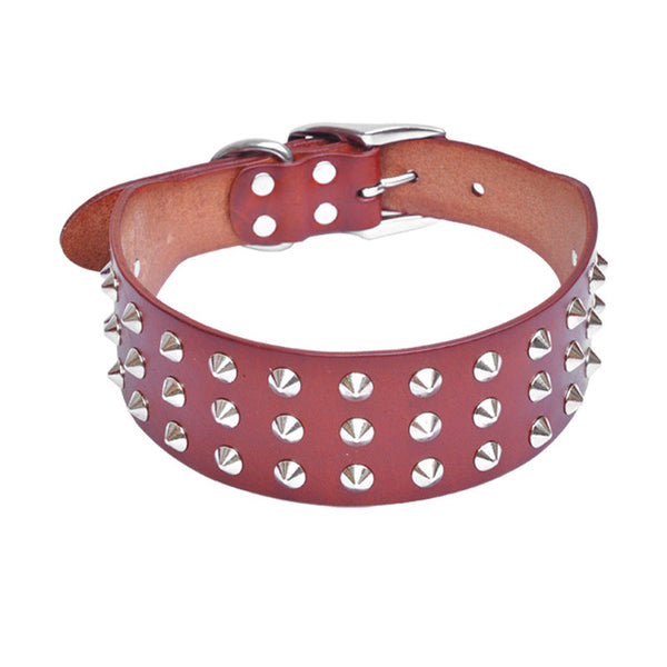 HKM-4207037 Cowhide Diamond Point Anti-Bite Pet Collar with Alloy Buckle - Available in Multiple Sizes
