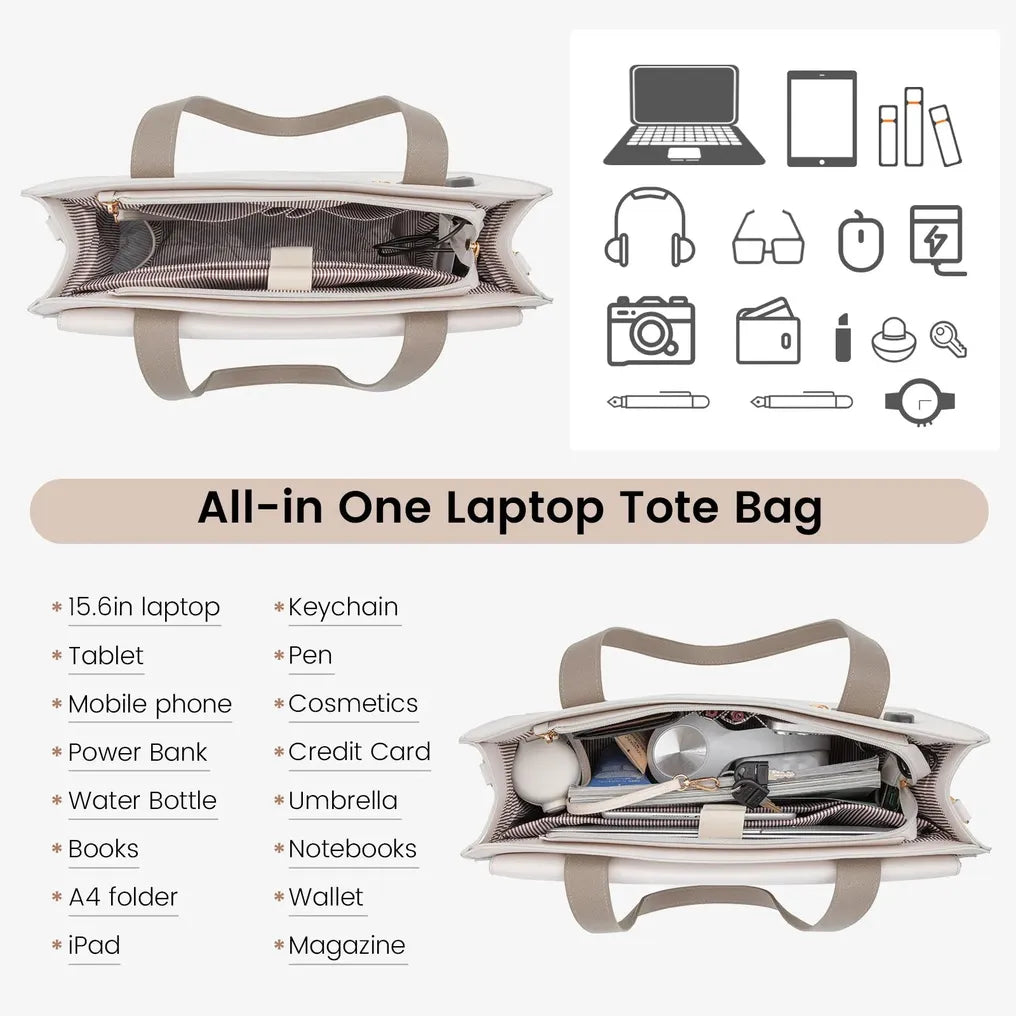 HKM-420883 Elegant 15.6 Inch Laptop Tote Handbag for Office Professionals, Durable PU Leather Business Briefcase, Spacious Work Purse for Women