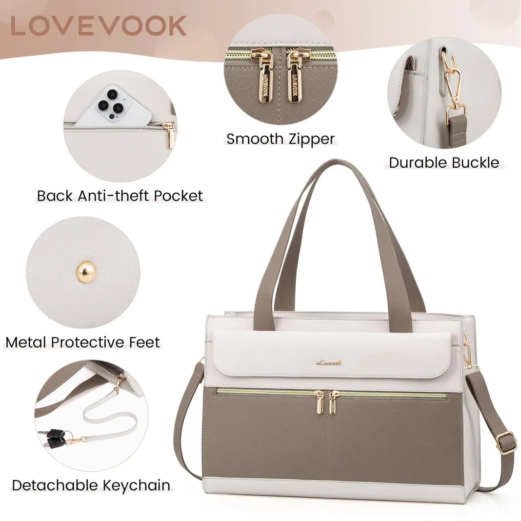 HKM-420883 Elegant 15.6 Inch Laptop Tote Handbag for Office Professionals, Durable PU Leather Business Briefcase, Spacious Work Purse for Women