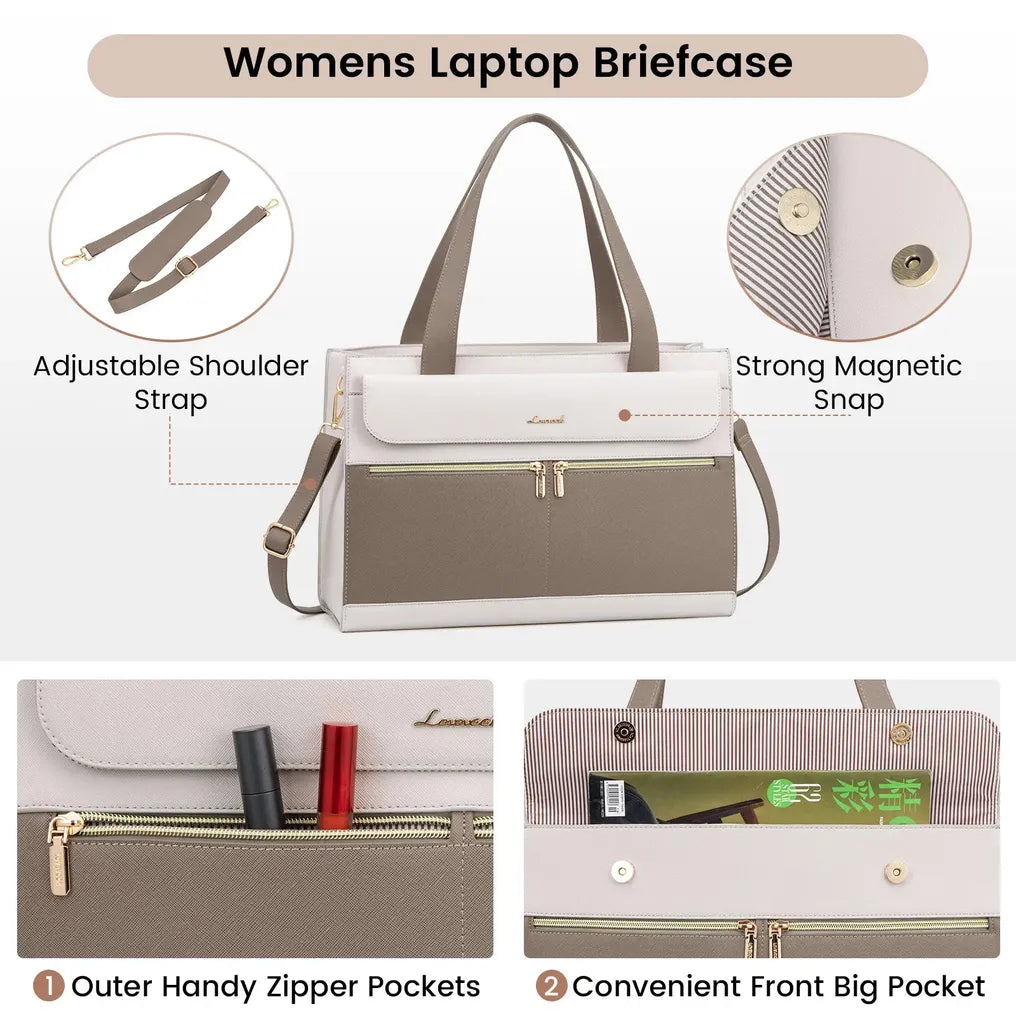 HKM-420883 Elegant 15.6 Inch Laptop Tote Handbag for Office Professionals, Durable PU Leather Business Briefcase, Spacious Work Purse for Women