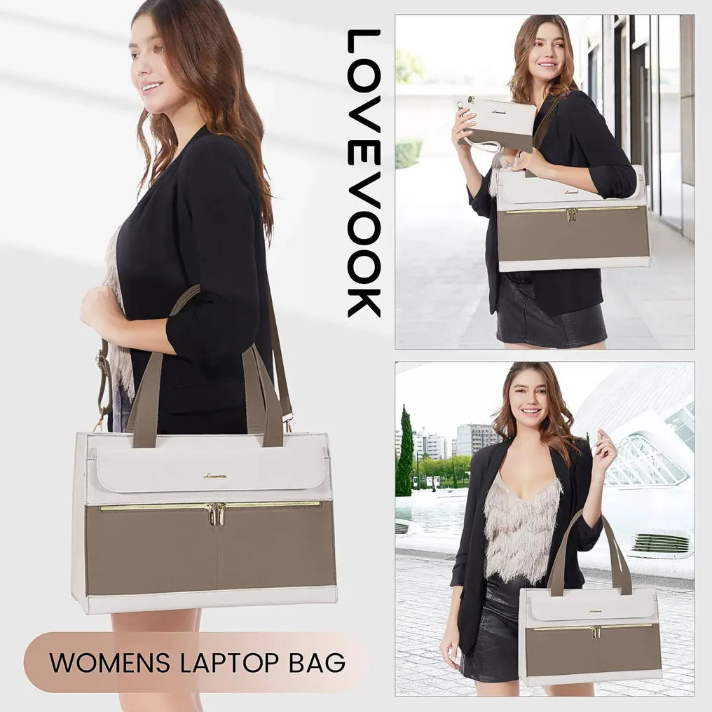 HKM-420883 Elegant 15.6 Inch Laptop Tote Handbag for Office Professionals, Durable PU Leather Business Briefcase, Spacious Work Purse for Women
