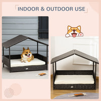 HKM-4209469 Wicker Outdoor Dog House with Canopy, Rattan Pet Bed and Water-Resistant Cushion for Small to Medium Dogs