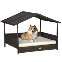HKM-4209469 Wicker Outdoor Dog House with Canopy, Rattan Pet Bed and Water-Resistant Cushion for Small to Medium Dogs