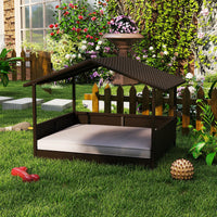HKM-4209469 Wicker Outdoor Dog House with Canopy, Rattan Pet Bed and Water-Resistant Cushion for Small to Medium Dogs