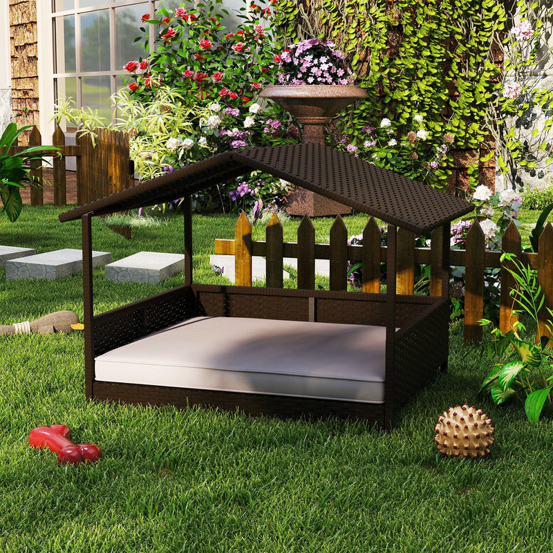 HKM-4209469 Wicker Outdoor Dog House with Canopy, Rattan Pet Bed and Water-Resistant Cushion for Small to Medium Dogs