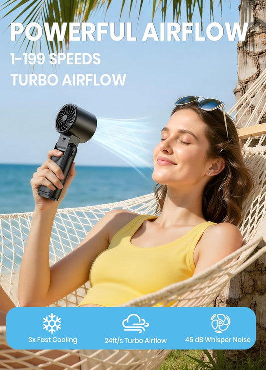 HKM-4214099 Portable Handheld Turbo Fan with 1-199 Speed Adjustment, Rechargeable Battery, LED Display, and 4-in-1 Design, Black