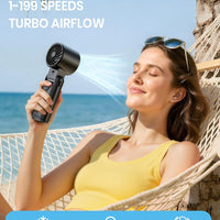 HKM-4214099 Portable Handheld Turbo Fan with 1-199 Speed Adjustment, Rechargeable Battery, LED Display, and 4-in-1 Design, Black