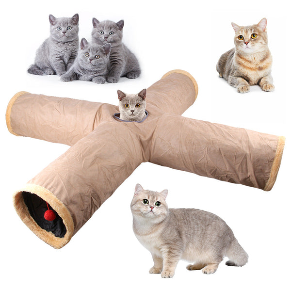 HKM-4214461 Khaki & Gray Suede Cat Tunnel Toy for Playful Pets