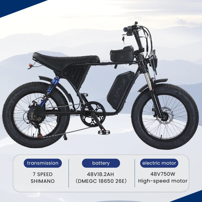 HKM-421651 All-Terrain 20 Inch Fat Tire Electric Bike X7 48V 750W with 18.2Ah Battery, Hydraulic Disc Brakes, and 7-Speed Gear System