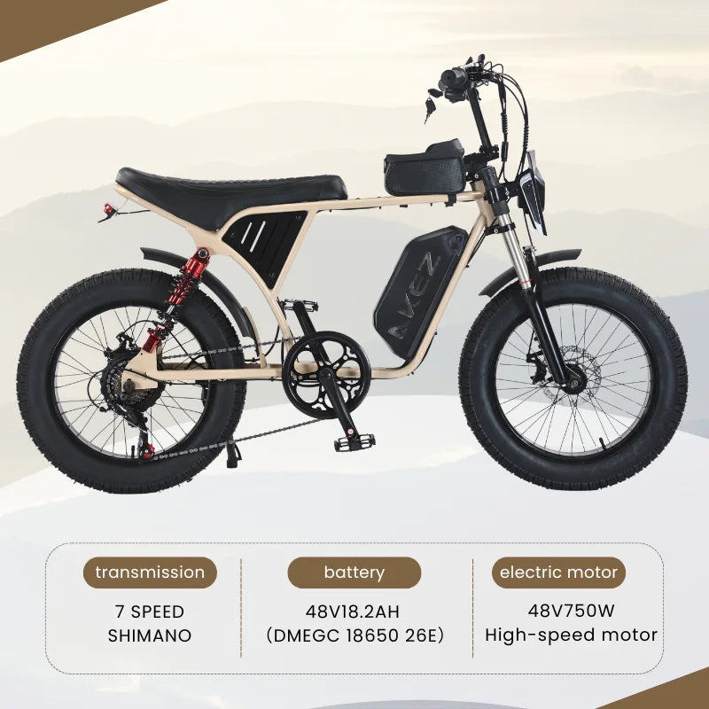 HKM-421651 All-Terrain 20 Inch Fat Tire Electric Bike X7 48V 750W with 18.2Ah Battery, Hydraulic Disc Brakes, and 7-Speed Gear System