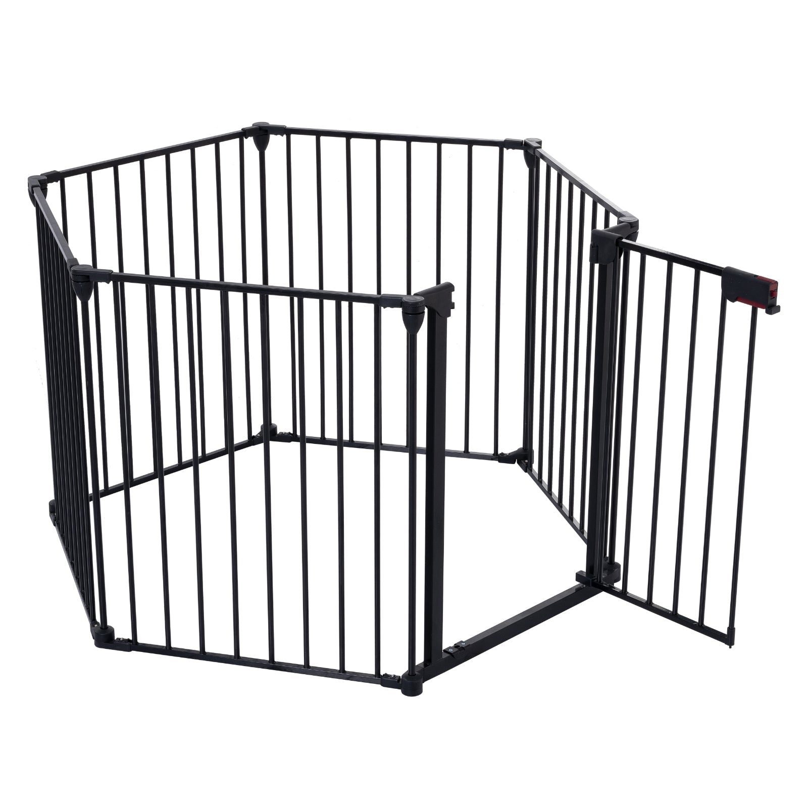HKM-4219837 150-Inch Adjustable Safety Gate with Walk-Through Door for Pets and Kids, Metal Enclosure for Fireplaces and Play Areas