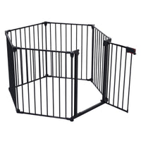 HKM-4219837 150-Inch Adjustable Safety Gate with Walk-Through Door for Pets and Kids, Metal Enclosure for Fireplaces and Play Areas