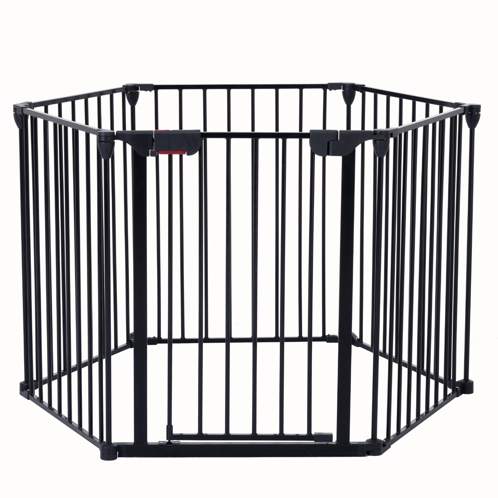 HKM-4219837 150-Inch Adjustable Safety Gate with Walk-Through Door for Pets and Kids, Metal Enclosure for Fireplaces and Play Areas
