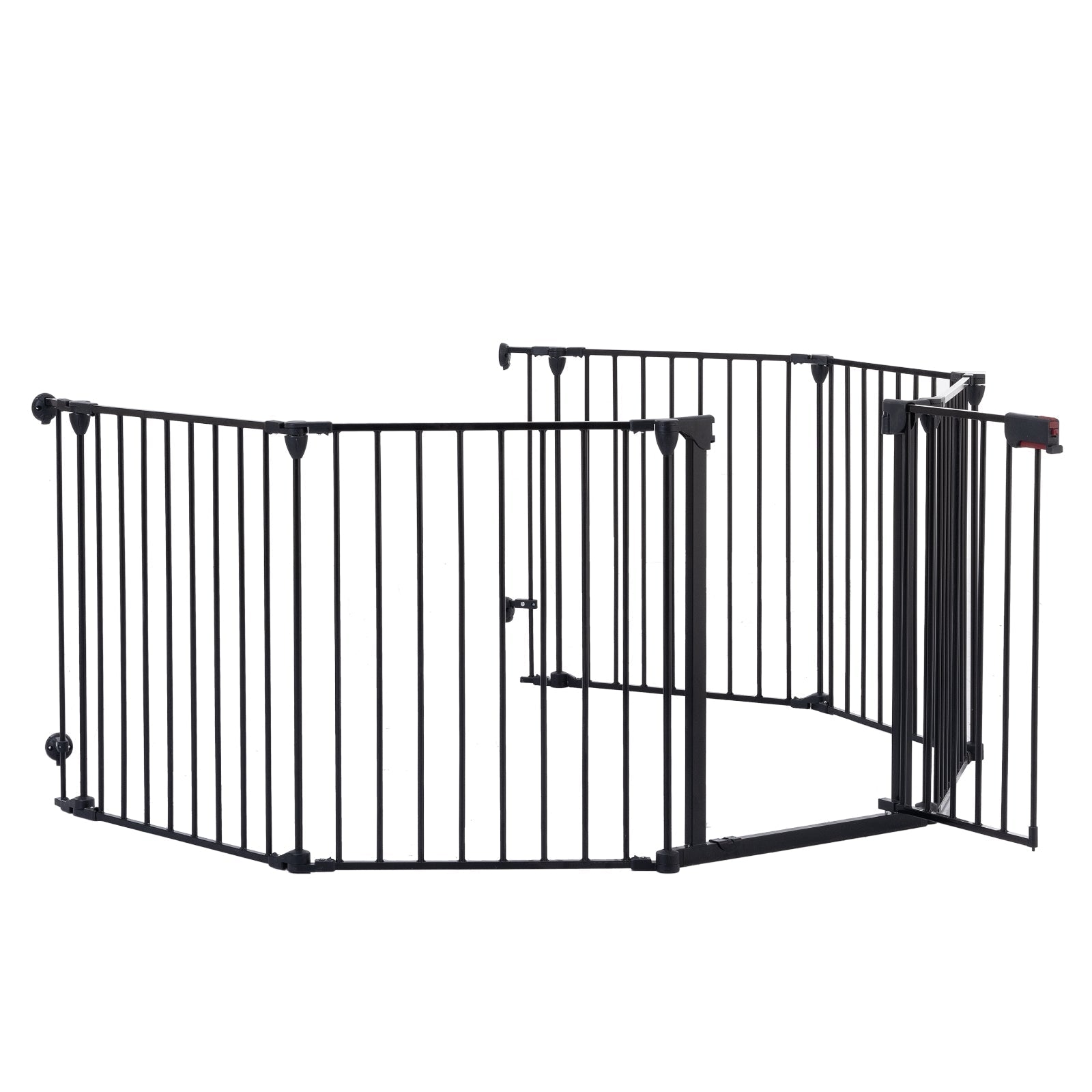 HKM-4219837 150-Inch Adjustable Safety Gate with Walk-Through Door for Pets and Kids, Metal Enclosure for Fireplaces and Play Areas