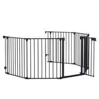 HKM-4219837 150-Inch Adjustable Safety Gate with Walk-Through Door for Pets and Kids, Metal Enclosure for Fireplaces and Play Areas